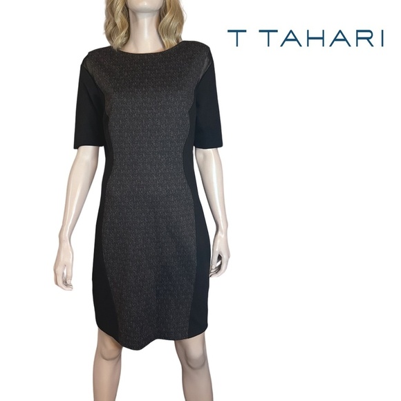 T Tahari Dilana Dress Rayon Blend Sheath Scuba Ashen Mesh Inserts Stretch Lined - Picture 14 of 16